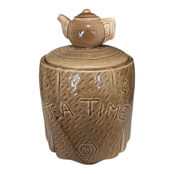 Vintage Ceramic Teapot-Top Tea Canister – 5.5” Tall – “Tea Time” & “Bath” Heart - Picture 1 of 7